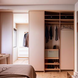 One-room 3x4 meter home interior with a harmonious combination of kitchen, bedroom, and space-optimized large closet.