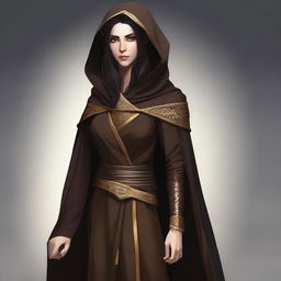 A high-quality digital art image presents a tall, female wood elf monk