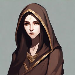 A high-quality digital art image depicts a tall, female wood elf monk with dark hair and gold eyes