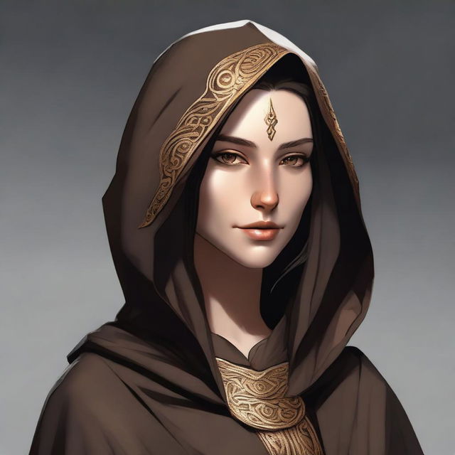 A high-quality digital art image depicts a tall, female wood elf monk with dark hair and gold eyes