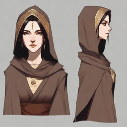 A high-quality digital art image depicts a tall, female wood elf monk with dark hair and gold eyes