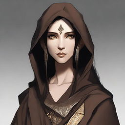 A high-quality digital art image depicts a tall, female wood elf monk with dark hair and gold eyes