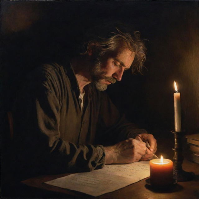 Create an authentic, melancholic painting of a poet weary from his late-night work in a dark room, lit solely by candle.