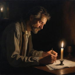 Create an authentic, melancholic painting of a poet weary from his late-night work in a dark room, lit solely by candle.