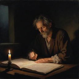 Create an authentic, melancholic painting of a poet weary from his late-night work in a dark room, lit solely by candle.