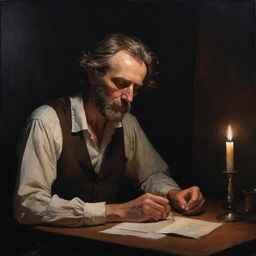 Create an authentic, melancholic painting of a poet weary from his late-night work in a dark room, lit solely by candle.