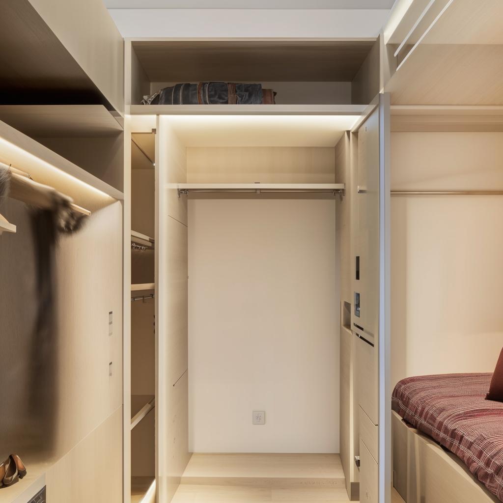 One-room 3x4 meter home interior with a harmonious combination of kitchen, bedroom, and space-optimized large closet.