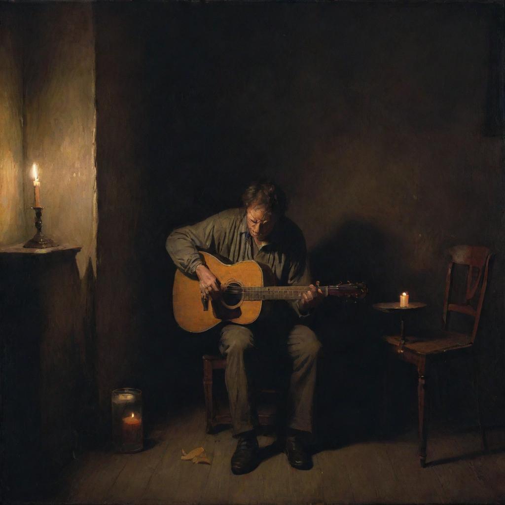 Illustrate an authentic, gloomy painting of a weary musician deeply engrossed in his craft late into the night, in a dimly lit room illuminated by a solitary candle.