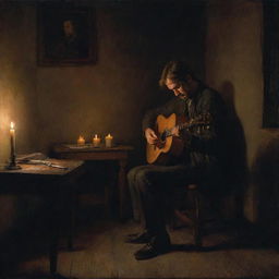 Illustrate an authentic, gloomy painting of a weary musician deeply engrossed in his craft late into the night, in a dimly lit room illuminated by a solitary candle.