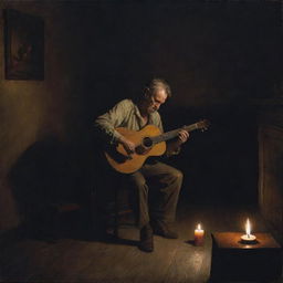 Illustrate an authentic, gloomy painting of a weary musician deeply engrossed in his craft late into the night, in a dimly lit room illuminated by a solitary candle.