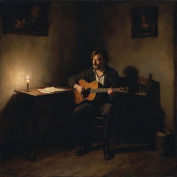 Illustrate an authentic, gloomy painting of a weary musician deeply engrossed in his craft late into the night, in a dimly lit room illuminated by a solitary candle.