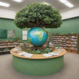 A vibrant display of a green-themed educational setting. It includes trees encapsulating a school, a globe covered in flora, and textbooks with green covers.