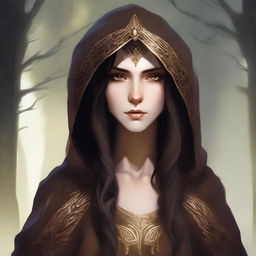 A digital art image of a tall androgynous wood elf with dark hair and gold eyes