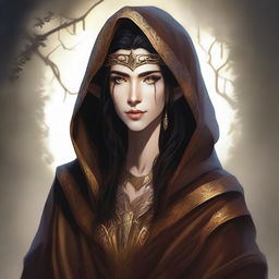 A digital art image of a tall androgynous wood elf with dark hair and gold eyes