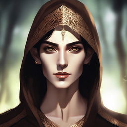 A digital art image of a tall androgynous wood elf with dark hair and gold eyes