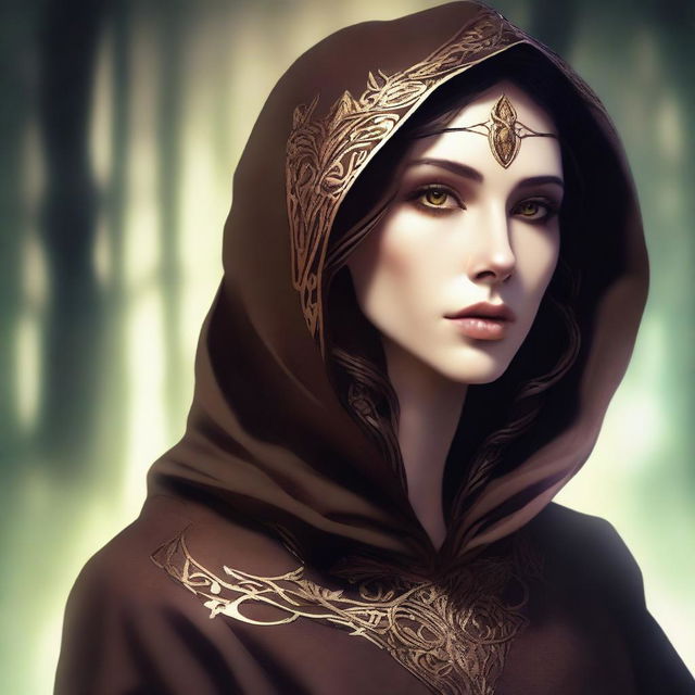 A digital art image of a tall androgynous wood elf with dark hair and gold eyes