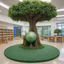 A vibrant display of a green-themed educational setting. It includes trees encapsulating a school, a globe covered in flora, and textbooks with green covers.