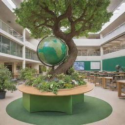 A vibrant display of a green-themed educational setting. It includes trees encapsulating a school, a globe covered in flora, and textbooks with green covers.