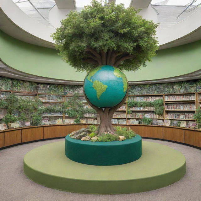 A vibrant display of a green-themed educational setting. It includes trees encapsulating a school, a globe covered in flora, and textbooks with green covers.