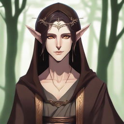 A high-quality digital art depicts an androgynous wood elf with a tall stature, adorned in plain, loose brown robes