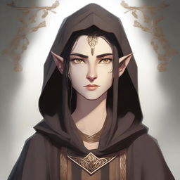 A high-quality digital art depicts an androgynous wood elf with a tall stature, adorned in plain, loose brown robes