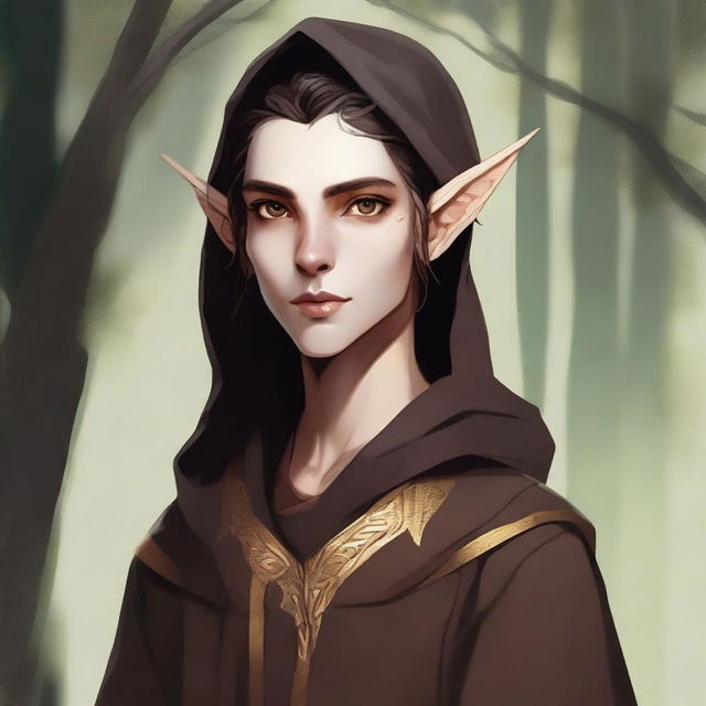 A high-quality digital art depicts an androgynous wood elf with a tall stature, adorned in plain, loose brown robes