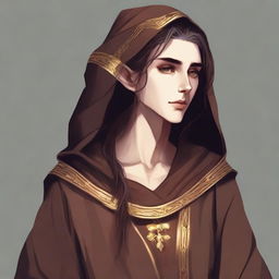 A high-quality digital art depicts an androgynous wood elf with a tall stature, adorned in plain, loose brown robes