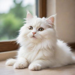 A playful kitty with fluffy fur in a serene environment