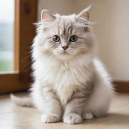 A playful kitty with fluffy fur in a serene environment