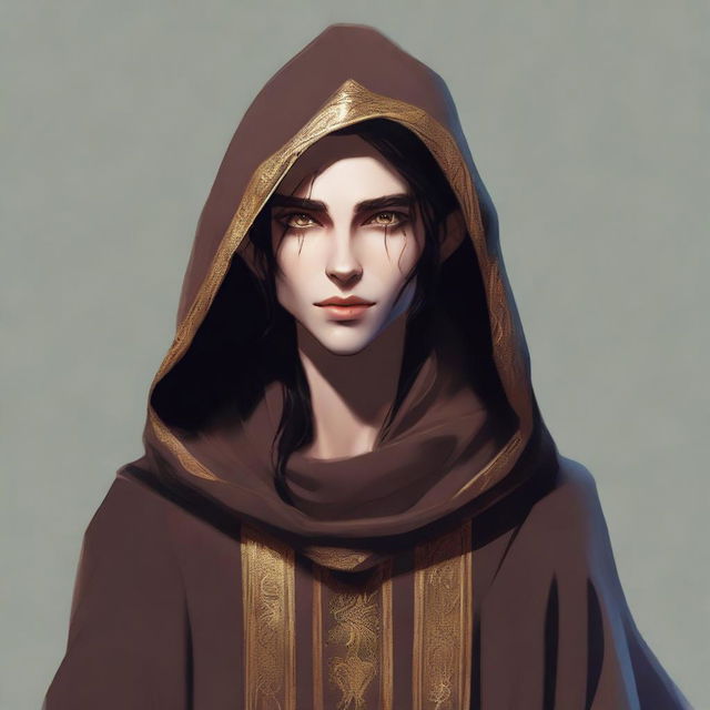 An artistic digital rendering showcasing a tall androgynous wood elf with striking gold eyes and dark hair