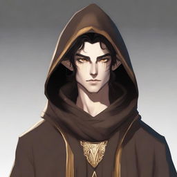 An artistic digital rendering showcasing a tall androgynous wood elf with striking gold eyes and dark hair