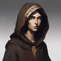 An artistic digital rendering showcasing a tall androgynous wood elf with striking gold eyes and dark hair