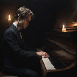 Render a melancholic, authentic painting of a pianist, immersed in his music, deeply tired in a dark room illuminated only by a single candle.