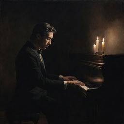 Render a melancholic, authentic painting of a pianist, immersed in his music, deeply tired in a dark room illuminated only by a single candle.