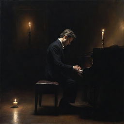 Render a melancholic, authentic painting of a pianist, immersed in his music, deeply tired in a dark room illuminated only by a single candle.