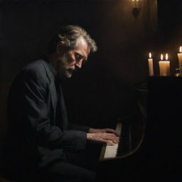 Render a melancholic, authentic painting of a pianist, immersed in his music, deeply tired in a dark room illuminated only by a single candle.