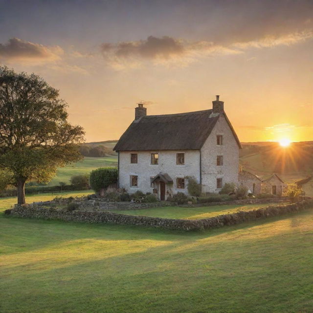 A dream traditional house nestled in a peaceful countryside, with the sun setting behind.