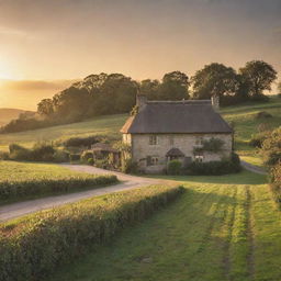 A dream traditional house nestled in a peaceful countryside, with the sun setting behind.