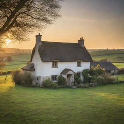 A dream traditional house nestled in a peaceful countryside, with the sun setting behind.