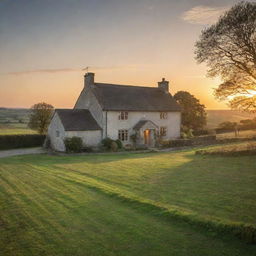 A dream traditional house nestled in a peaceful countryside, with the sun setting behind.