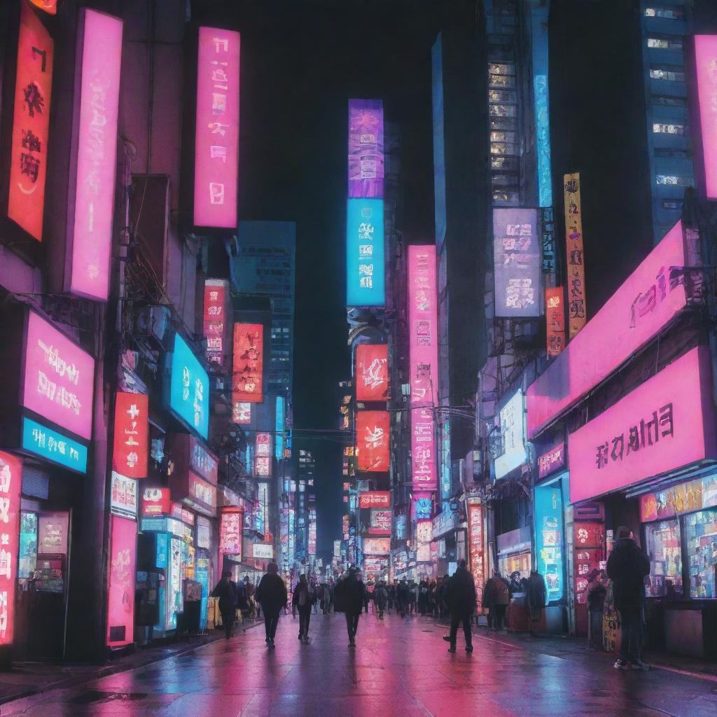 Revise the YouTube music channel banner design further, ensuring it emits a Cyberpunk Japanese style. This includes bright neon colours, futuristic elements, and visual echoes of Japanese street life, signs and symbols.