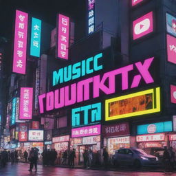 Revise the YouTube music channel banner design further, ensuring it emits a Cyberpunk Japanese style. This includes bright neon colours, futuristic elements, and visual echoes of Japanese street life, signs and symbols.