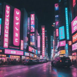 Revise the YouTube music channel banner design further, ensuring it emits a Cyberpunk Japanese style. This includes bright neon colours, futuristic elements, and visual echoes of Japanese street life, signs and symbols.