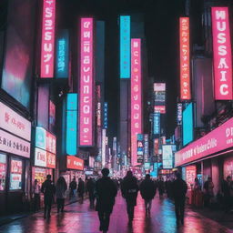 Revise the YouTube music channel banner design further, ensuring it emits a Cyberpunk Japanese style. This includes bright neon colours, futuristic elements, and visual echoes of Japanese street life, signs and symbols.