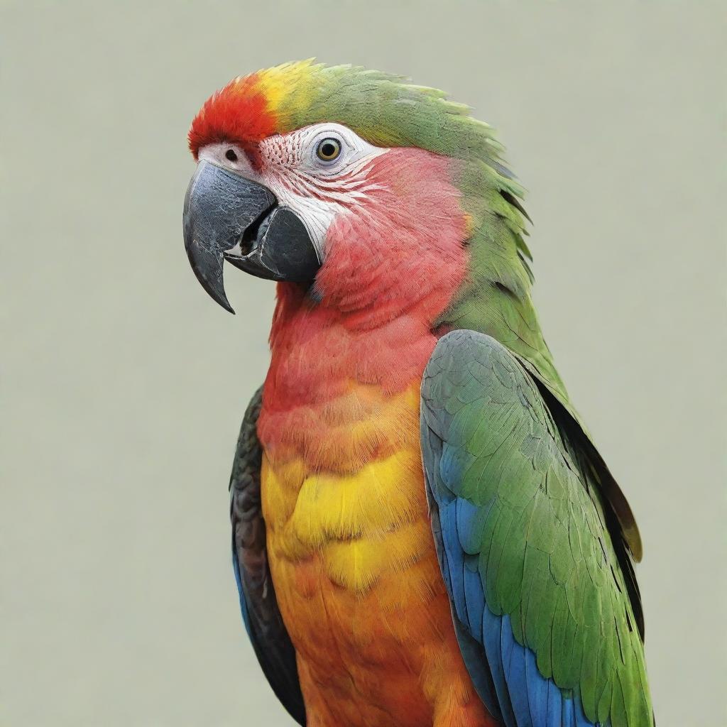 A detailed illustration of a bald parrot with brightly colored feathers.