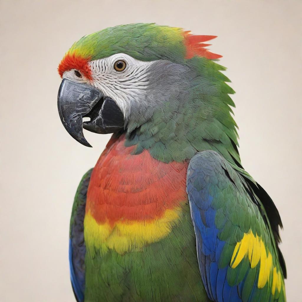 A detailed illustration of a bald parrot with brightly colored feathers.