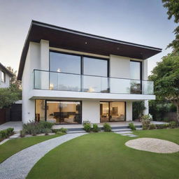 A cozy and inviting modern house located in a calm suburb, surrounded by lush green lawns.