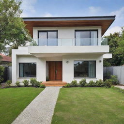 A cozy and inviting modern house located in a calm suburb, surrounded by lush green lawns.