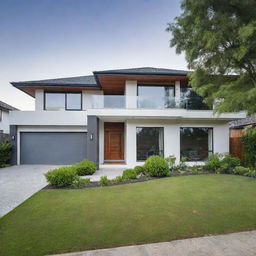 A cozy and inviting modern house located in a calm suburb, surrounded by lush green lawns.