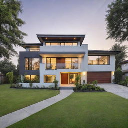 A cozy and inviting modern house located in a calm suburb, surrounded by lush green lawns.